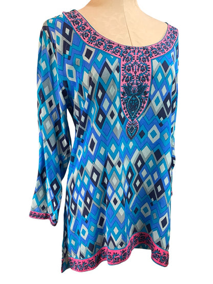 Small Tolani Women's Slightly Sheer Silk Hooded Pullover Tunic Blouse Boho Print