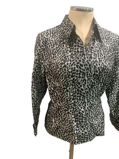 Large Ice Women's Silk Wrap Blouse Black White Print Lined