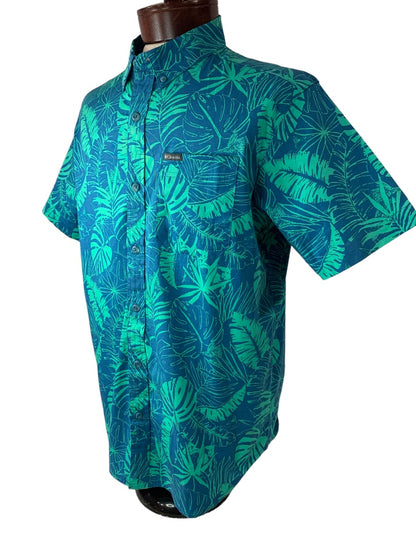 Medium Columbia Men's Tropical Print Short Sleeve Button Up Blue Rapid Rivers