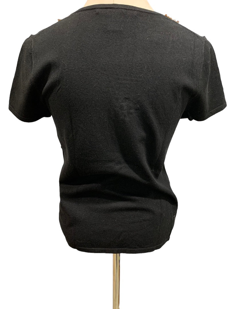 Medium Willi Smith Women's Black Silk Blend Embellished Short Sleeve Sweater