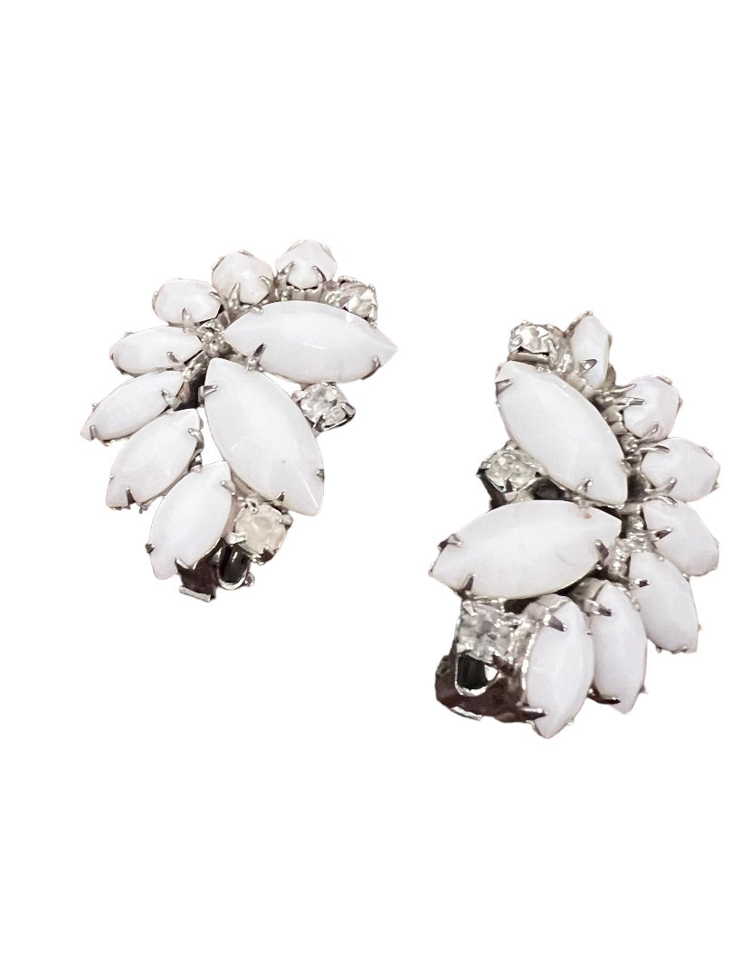 Weiss White Cabochon Rhinestone Clip On Earrings Silver Tone