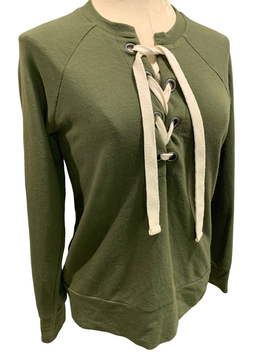 XS A.N.A. Women's Olive Green Lace Up Neckline Lightweight Sweatshirt