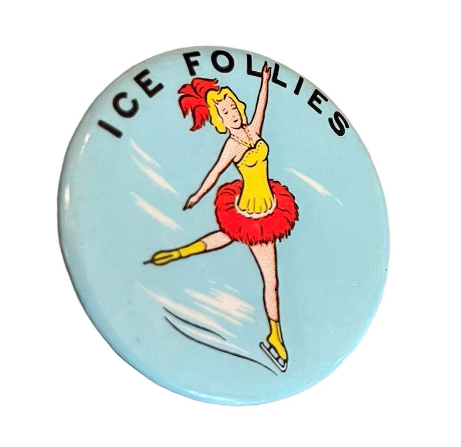 Vintage 1950s Ice Follies Extended Pinback Ice Skater Blue 1.75" Diameter