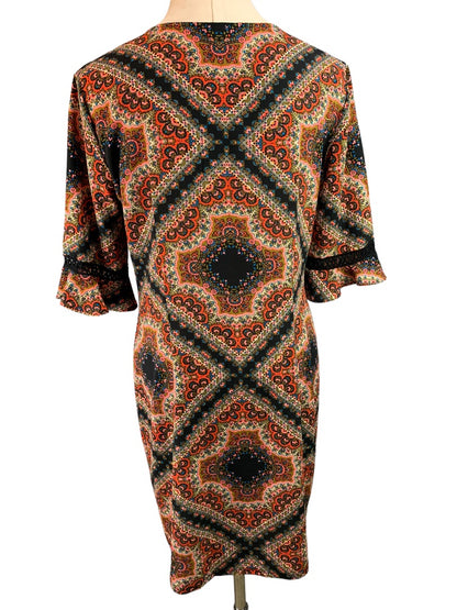 Medium MSK Women's Retro Print Pullover Shift Dress V-Neck Slightly Sheer Bell Sleeve