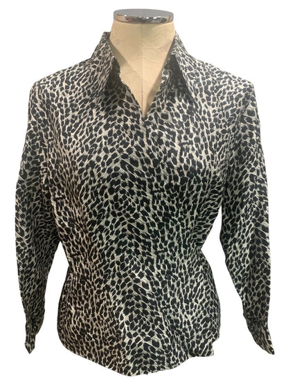 Large Ice Women's Silk Wrap Blouse Black White Print Lined