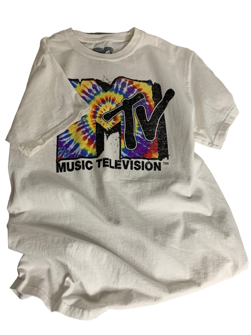 Small MTV Adult Unixex Tshirt Tie Dye Graffiti Logo White Short Sleeve