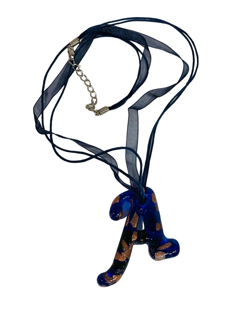 Glass "A" Pendant Necklace 19" Multi Strand Ribbon Lobster Clasp