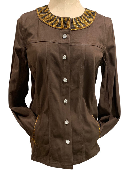 Small Quacker Factory Women's Brown Embellished Neckline Button Up Jacket New