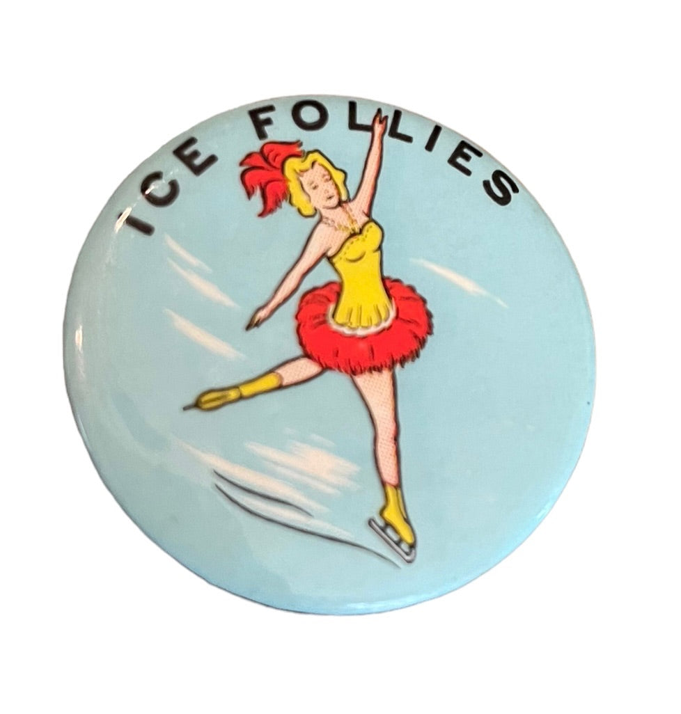 Vintage 1950s Ice Follies Extended Pinback Ice Skater Blue 1.75" Diameter