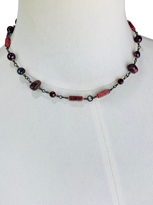 Stone and Bead Necklace Red Purple Green Pewter Color Metal 17"-20"