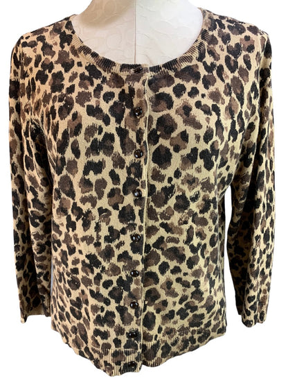 Medium Relativity Women's Brown Animal Print Fitted Cardigan Cotton Wool Blend