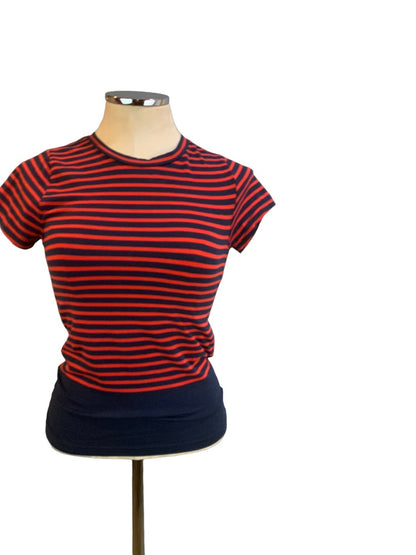 Small Banana Republic Women's Navy Blue Red Striped Fitted Tshirt