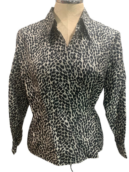 Large Ice Women's Silk Wrap Blouse Black White Print Lined