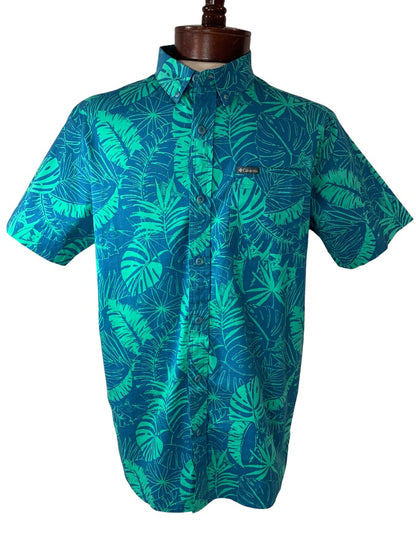 Medium Columbia Men's Tropical Print Short Sleeve Button Up Blue Rapid Rivers