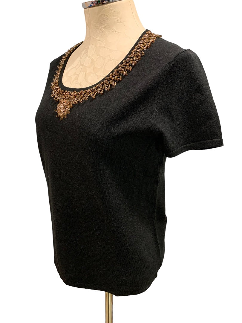 Medium Willi Smith Women's Black Silk Blend Embellished Short Sleeve Sweater