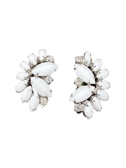 Weiss White Cabochon Rhinestone Clip On Earrings Silver Tone