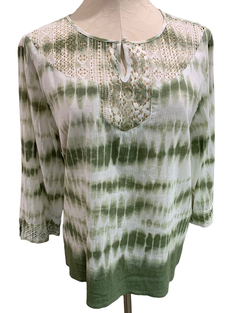 Size 14P Alfred Dunner Petites Women's Green Tie Dye Boho Style Blouse Popover