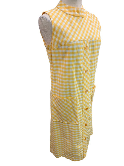 Day Dress Yellow Gingham 1960s House Dress Pockets Sleeveless