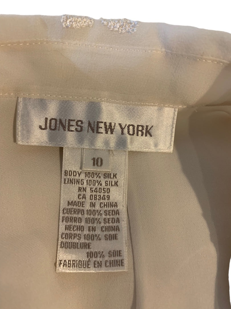 10 Jones New York Silk Ivory Embroidered Lined Blouse Women's Button Up