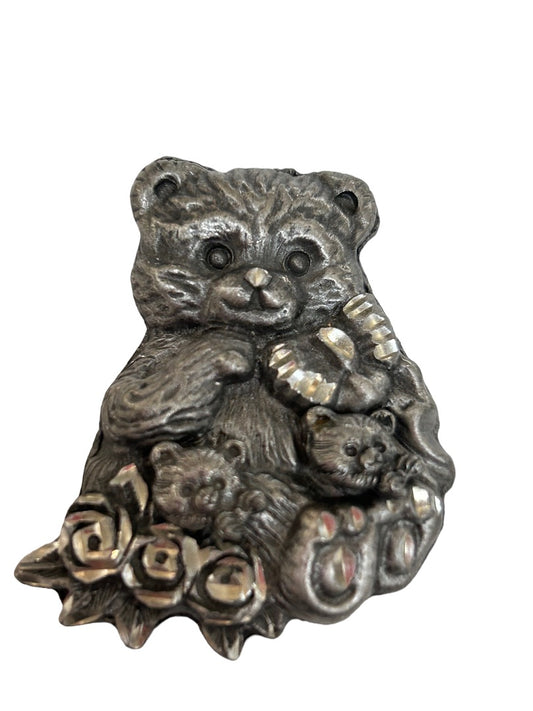 Vintage Brooch Earring Post Pierced Set Teddy Bears Torino Style 1.5" Pewter?