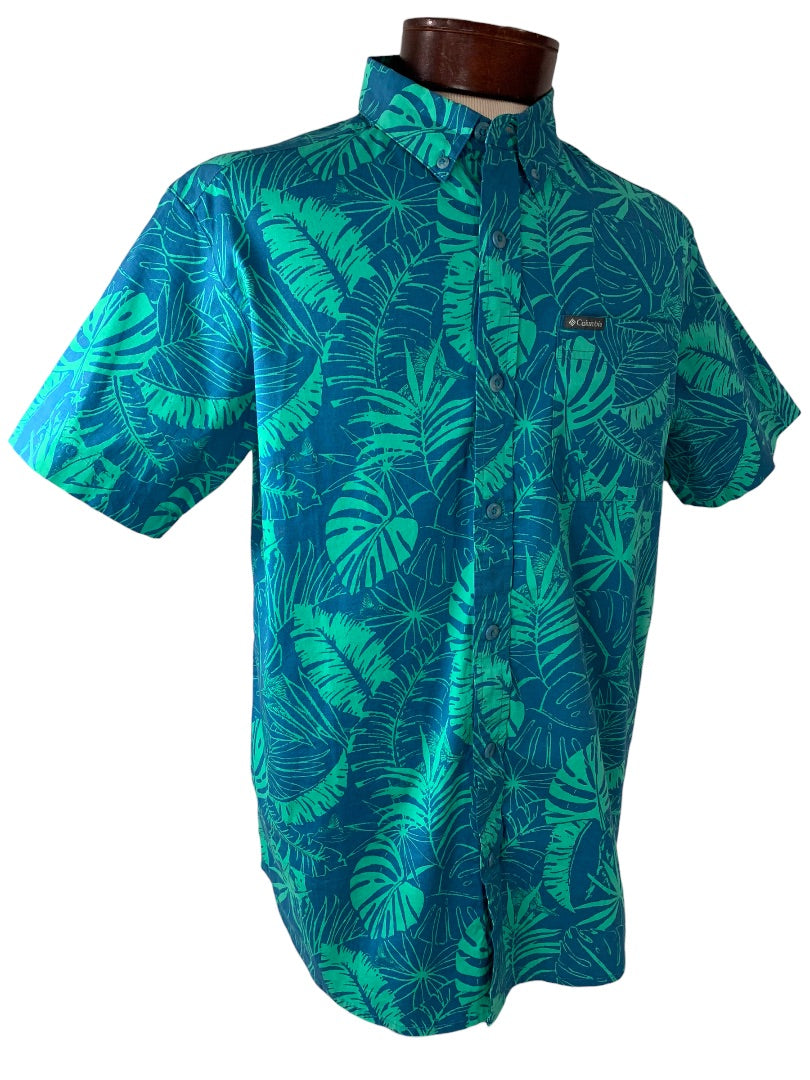 Medium Columbia Men's Tropical Print Short Sleeve Button Up Blue Rapid Rivers