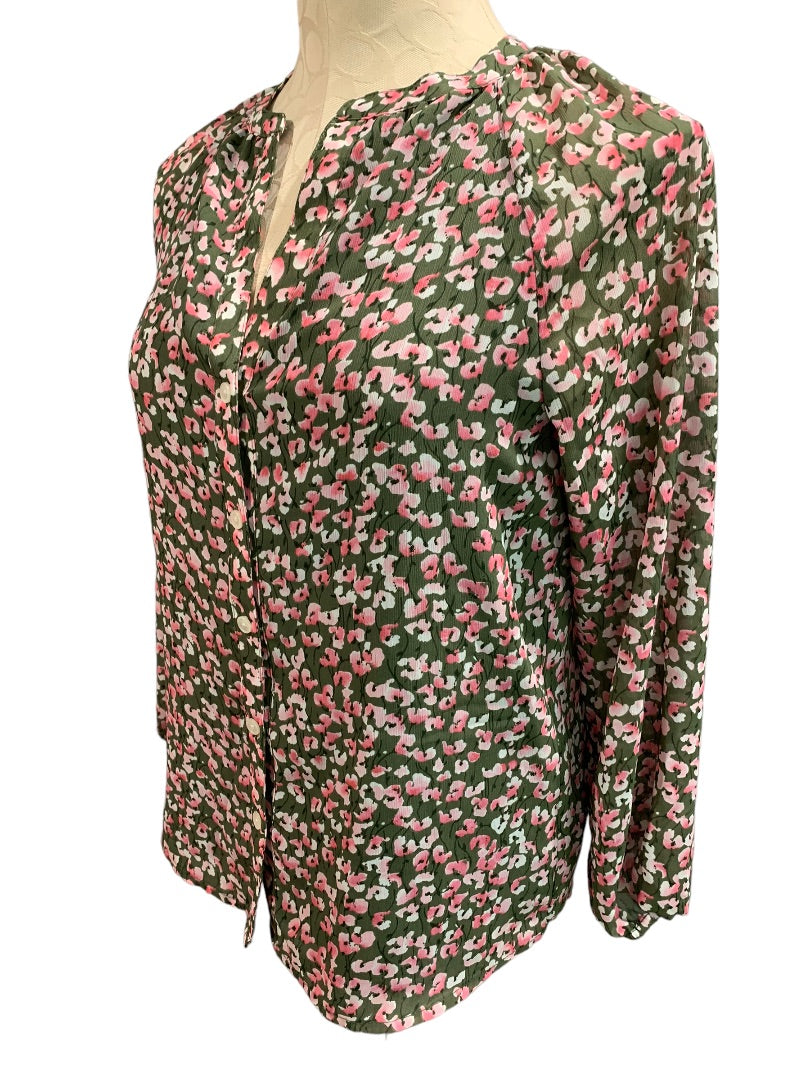 XXS J.Crew Women's Floral Print Button Up Blouse Green Pink Style BA750