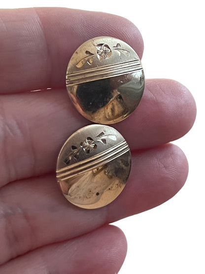 Vintage Gold Tone Floral Etched Round Cufflinks