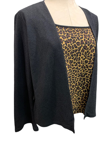 Large JKLA Women's 1980s Vintage Layered Look Pullover Top Black Leopard Print