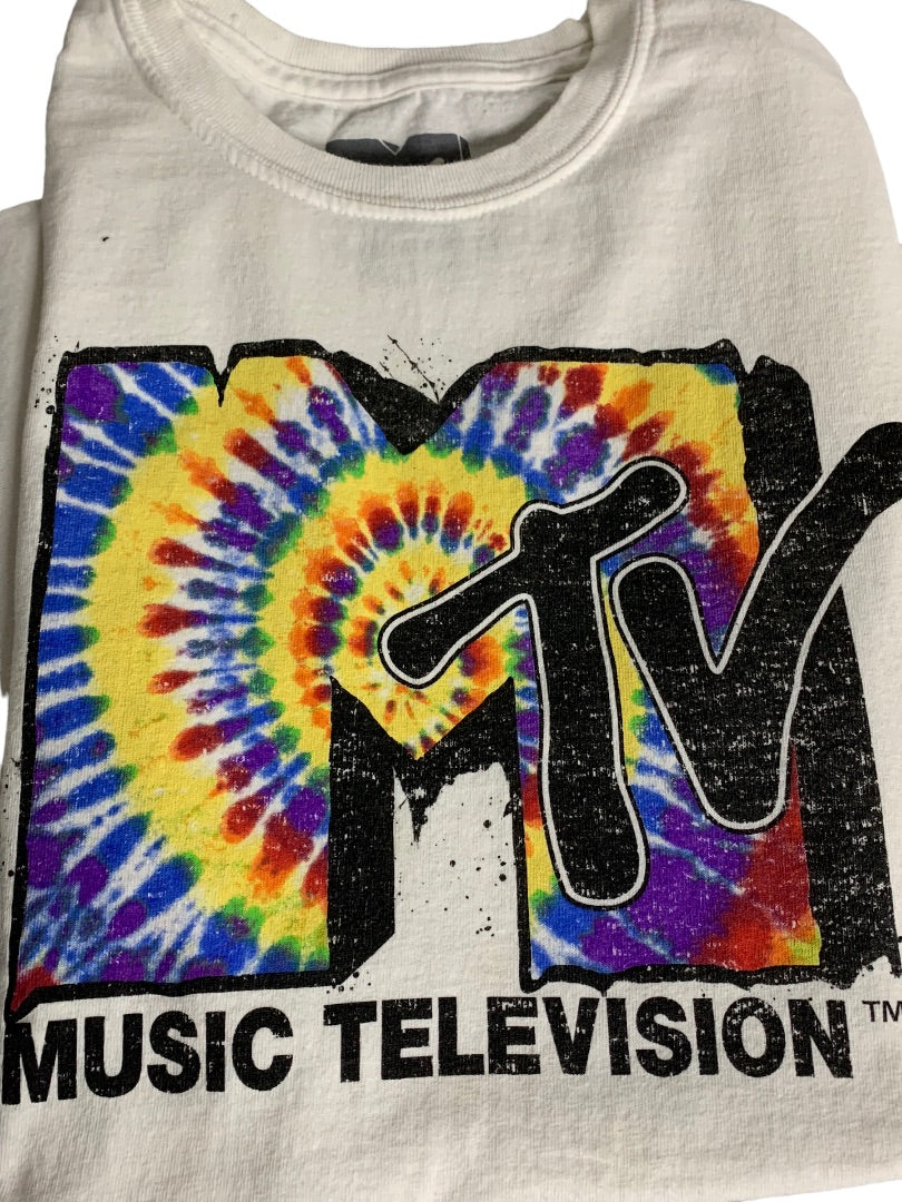 Small MTV Adult Unixex Tshirt Tie Dye Graffiti Logo White Short Sleeve