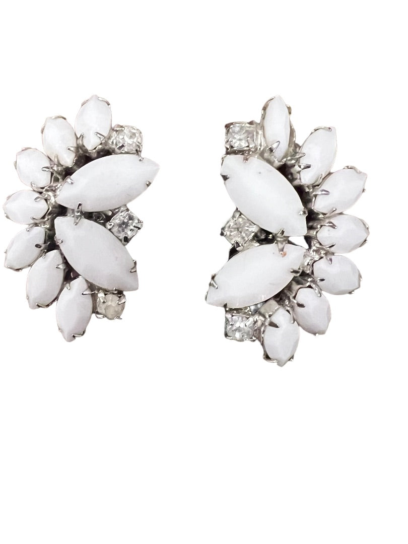 Weiss White Cabochon Rhinestone Clip On Earrings Silver Tone