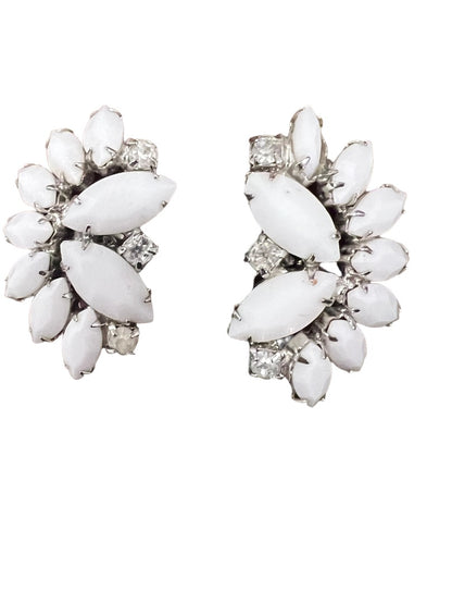 Weiss White Cabochon Rhinestone Clip On Earrings Silver Tone