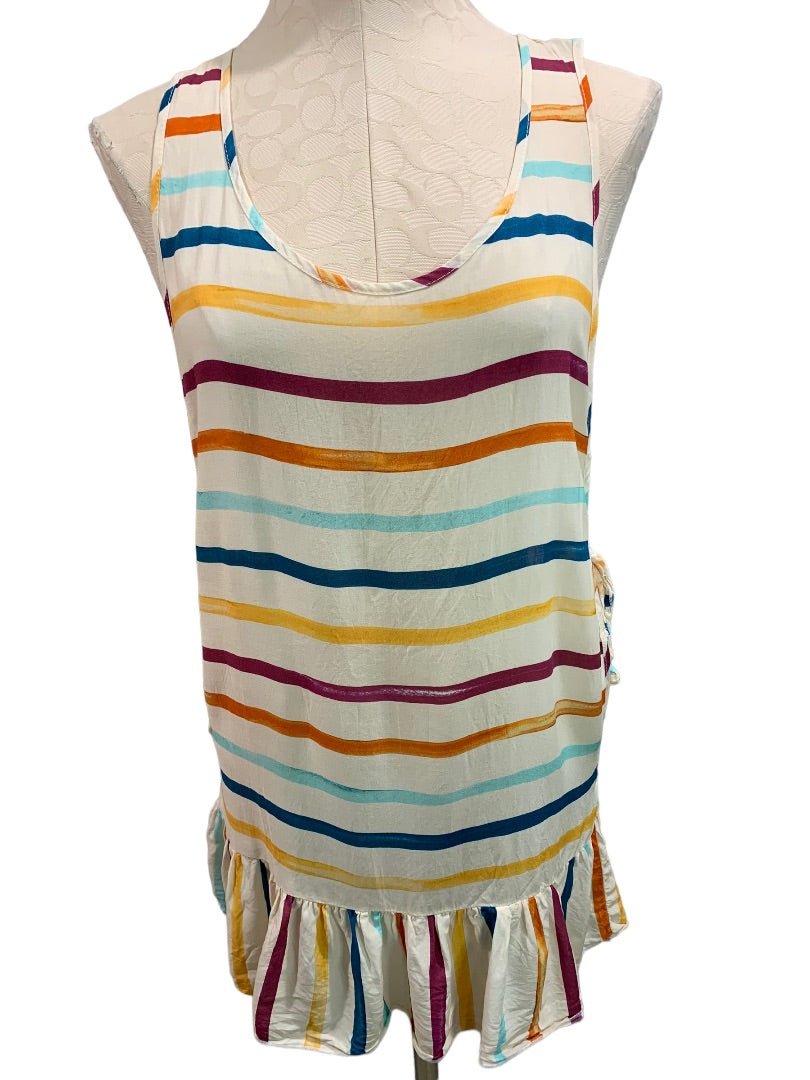 XS Chelsea28 Women's Multicolor Stripe Sleeveless Top Ruffle Hem