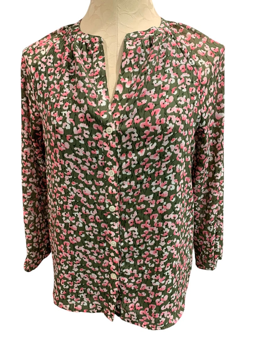 XXS J.Crew Women's Floral Print Button Up Blouse Green Pink Style BA750