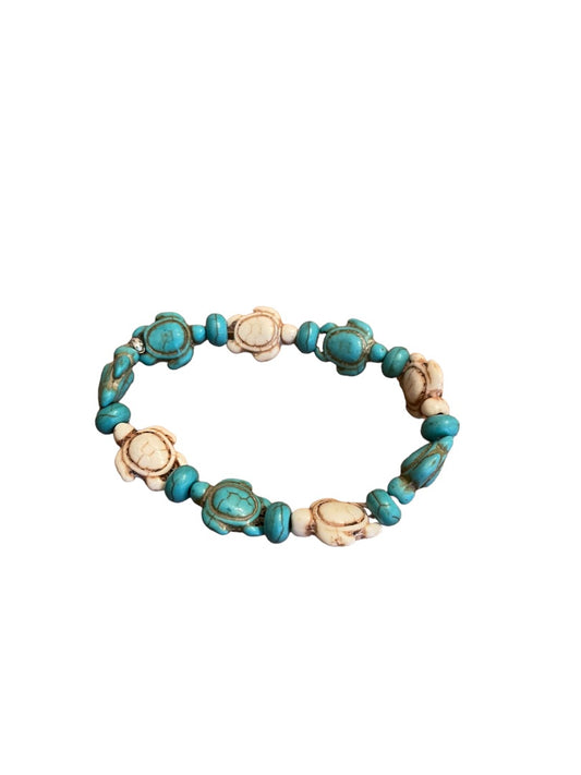 Sea Turtles Beaded Stretch Bracelet Faux Turquoise Off White