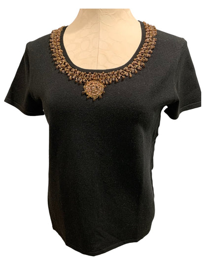 Medium Willi Smith Women's Black Silk Blend Embellished Short Sleeve Sweater