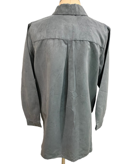 Medium Joan Rivers Button Up Faux Suede Blue Gray Tunic Blouse Women's