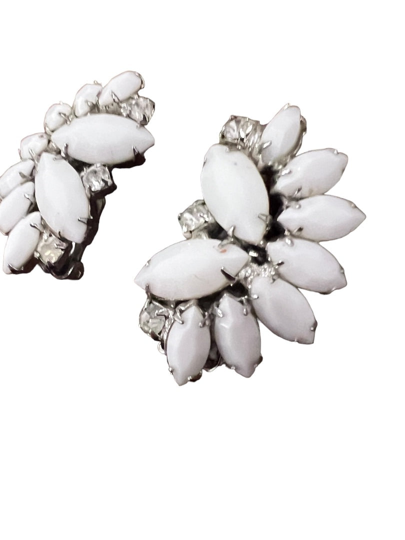 Weiss White Cabochon Rhinestone Clip On Earrings Silver Tone