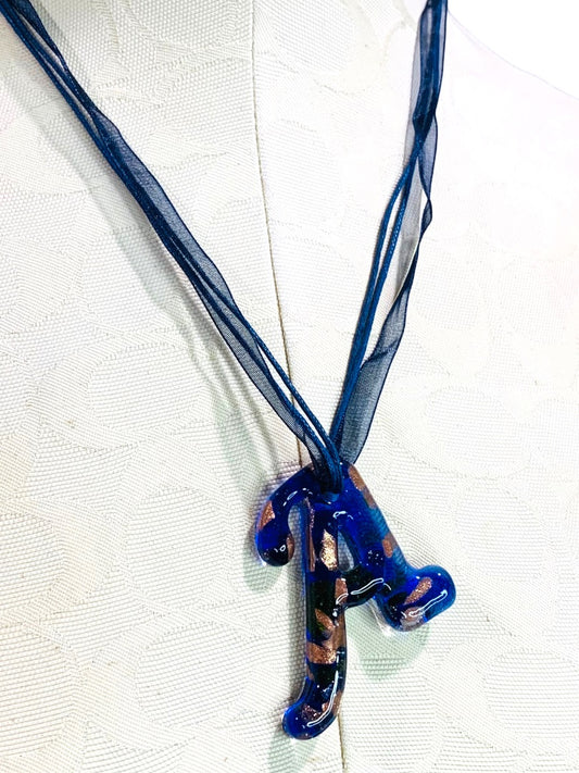 Glass "A" Pendant Necklace 19" Multi Strand Ribbon Lobster Clasp