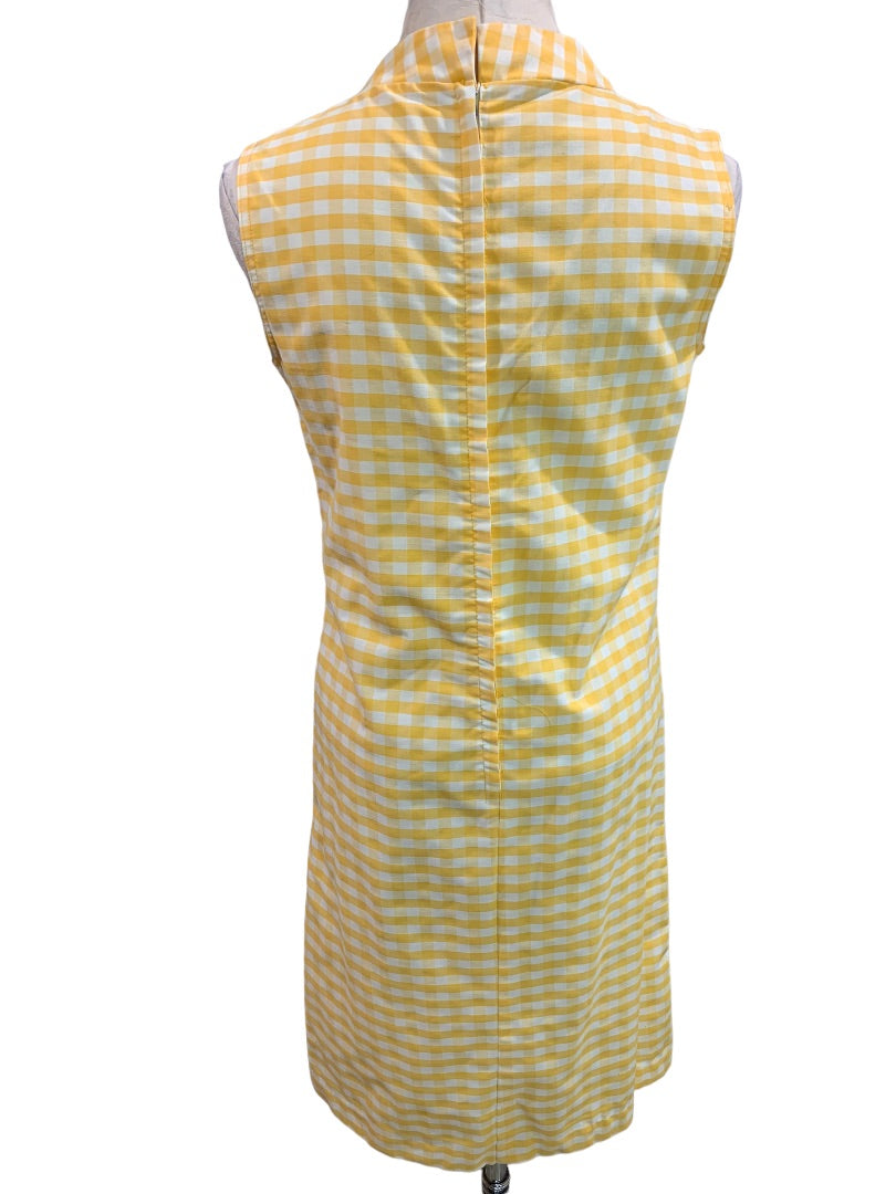 Day Dress Yellow Gingham 1960s House Dress Pockets Sleeveless