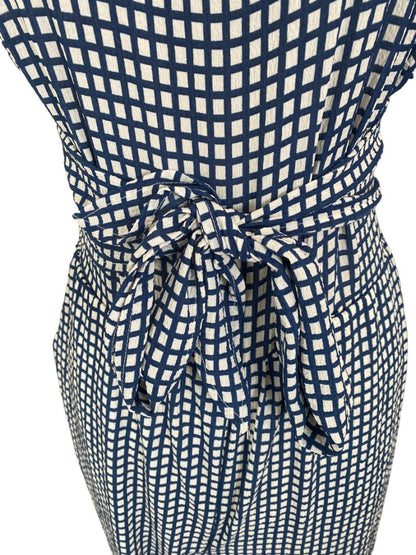 NWT LUSH Check Jumpsuit Medium Blue and White Wide Leg Crepe Sleeveless