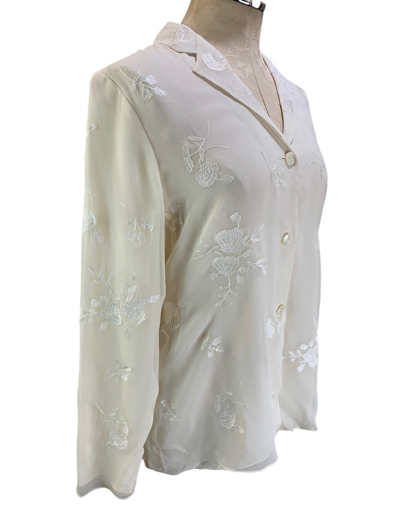 10 Jones New York Silk Ivory Embroidered Lined Blouse Women's Button Up