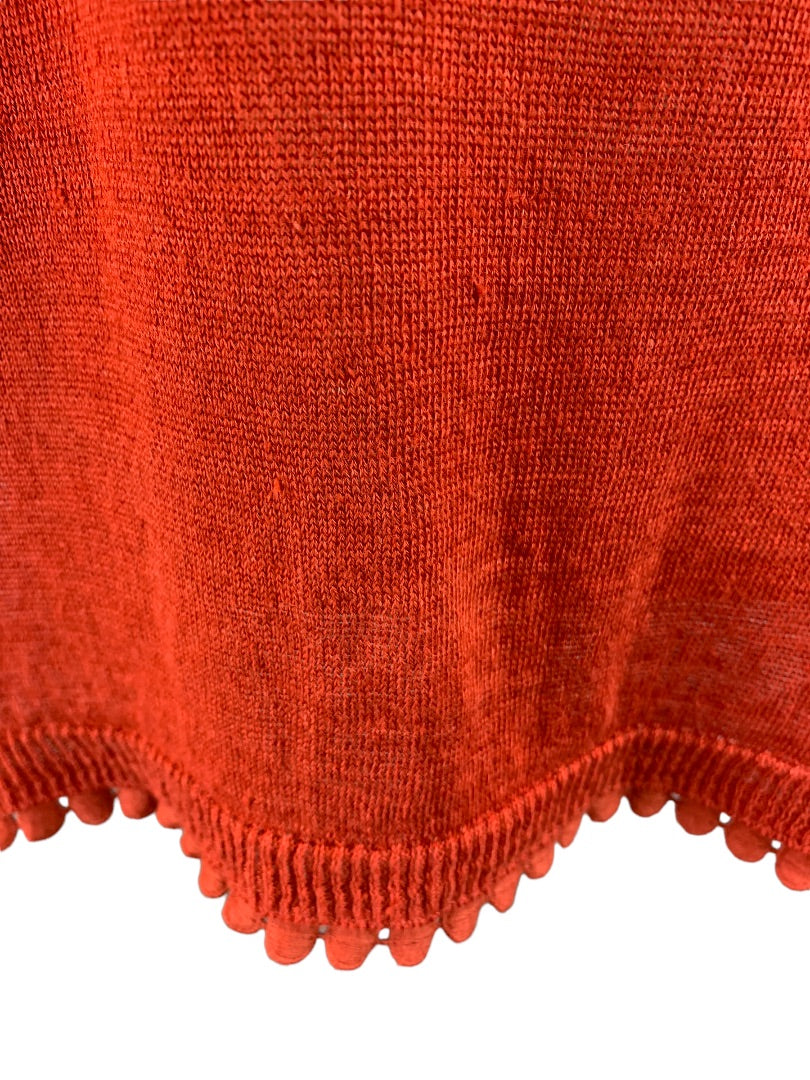 Small J.Crew Women's 100% Linen Sweater Reddish Orange G5362 Pom Pom Trim