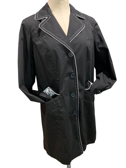 Medium Dennis by Dennis Basso Women's Black Trench Coat Jacket Scarf White Piping