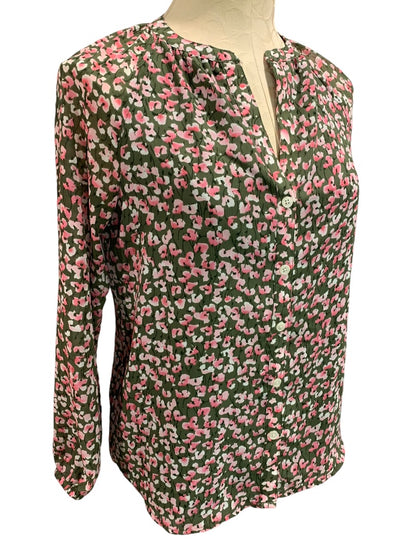 XXS J.Crew Women's Floral Print Button Up Blouse Green Pink Style BA750