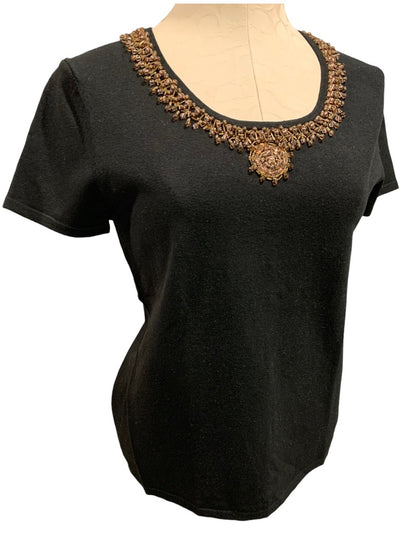 Medium Willi Smith Women's Black Silk Blend Embellished Short Sleeve Sweater