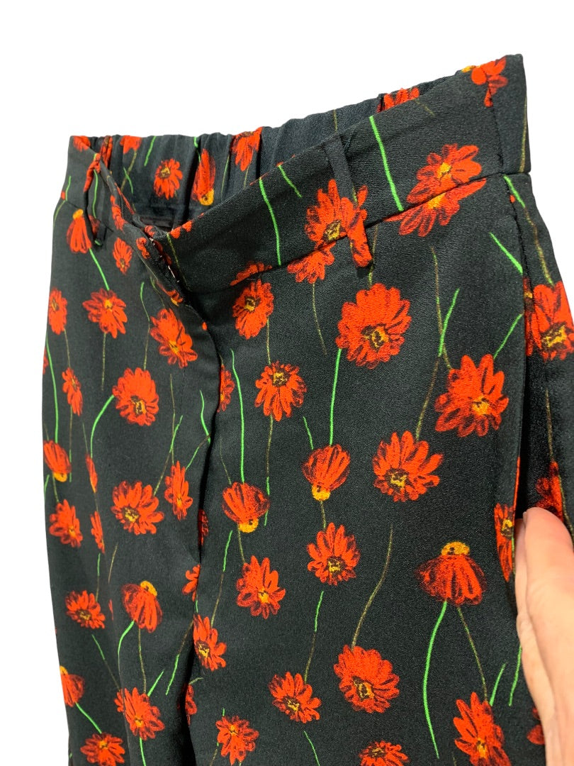 Size 2 H&M Women's Black Poppy Print Pants Partial Elastic Waist