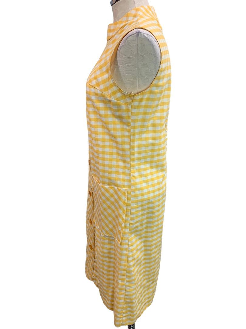 Day Dress Yellow Gingham 1960s House Dress Pockets Sleeveless