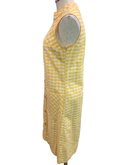 Day Dress Yellow Gingham 1960s House Dress Pockets Sleeveless