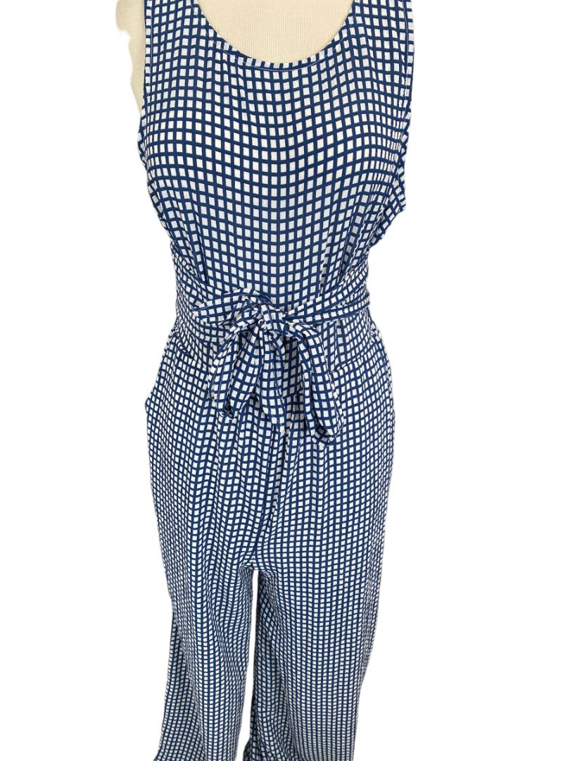 NWT LUSH Check Jumpsuit Medium Blue and White Wide Leg Crepe Sleeveless