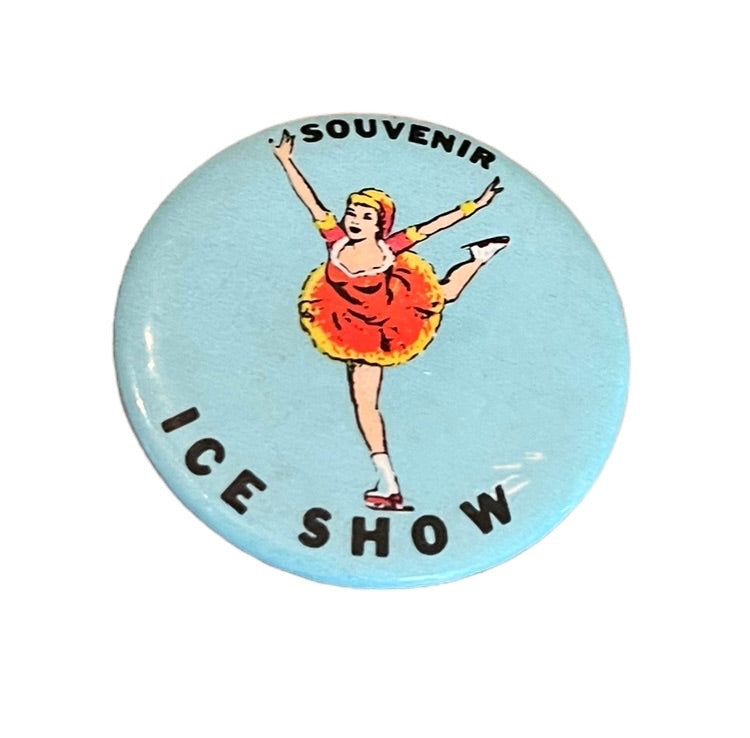 Vintage 1950s Souvenir Extended Pinback Ice Show Ice Skater Blue 1.75" Diameter